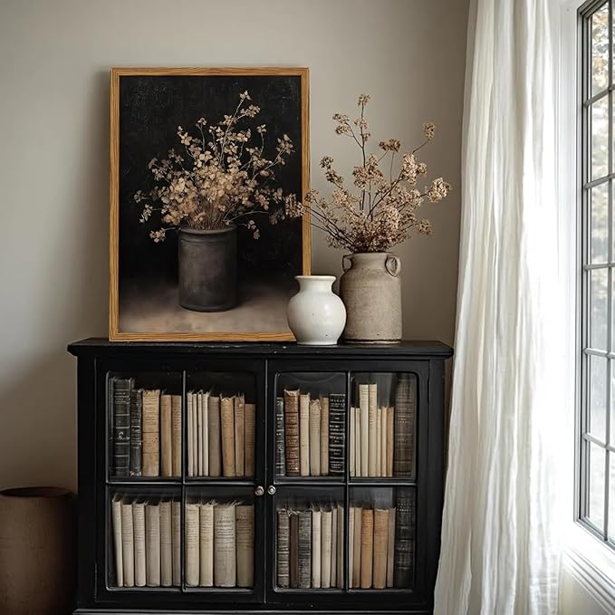 Framed Vintage Floral Wall Art, Rustic Dark Moody Flower Paintings Wall Decor, Retro Farmhouse Botanical Pictures Canvas Prints Neutral Aesthetic Home Decor for Living Room Bedroom 16x24inch