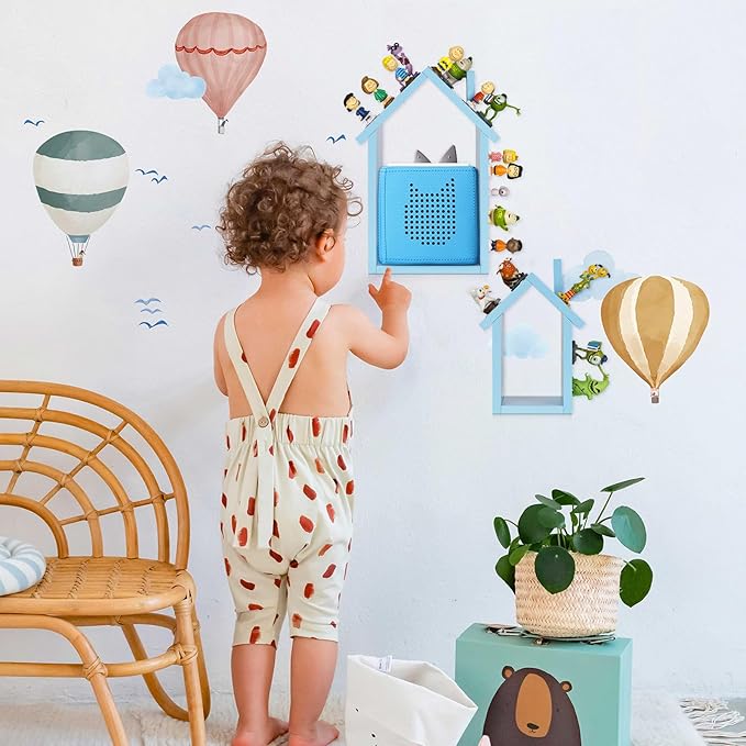 for Tonies Shelf Magnetic - for Tonies Figure Organizer Kids Room, Wooden Display Shelf for Tonies Box Holder, Wall Floating Shelves Toy Storage, House Shape Set of 2 with 38Pcs Adhesive Metal (Blue)
