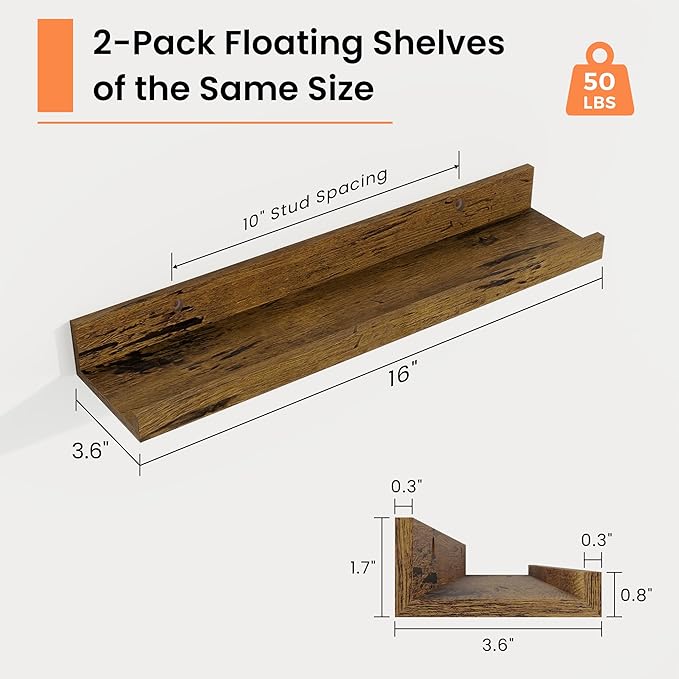 RICHFOCUS Picture Ledge Shelf, 16 inch Floating Shelves Set of 2, Wood Wall Shelves with Lip, Wall Decor Storage for Bedroom Living Room Bathroom Kitchen Nursery Photo Picture, Rustic Brown
