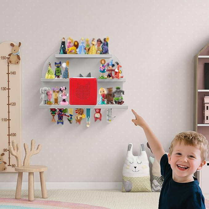 For Tonies Figures Shelf Magnetic,for Tonie box Wall Shelves,for Tonies Characters Organizer,Audio Toy Storage (Holds 45 Figurine),Compatible Charging Station for Kid's Room,Pine,Arch,Large,Gray White