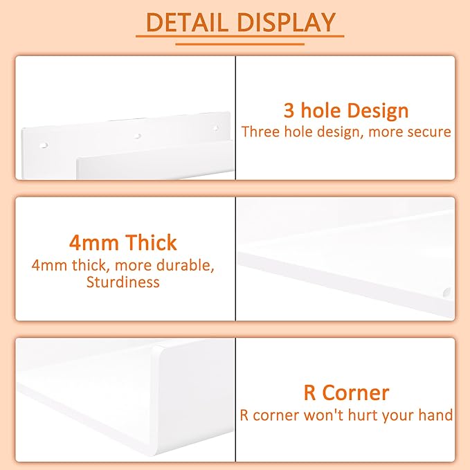12 Inches White Acrylic Wall Shelves 2 Pack, Acrylic Bookshelf for Wall. Wall Mounting Shelf for Living Room