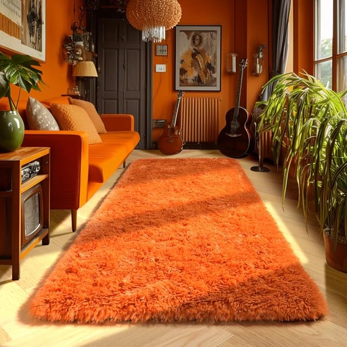 Amdrebio Burnt Orange 2x6 Runner Rugs for Bedroom Living Room, Fluffy Fuzzy Shaggy Furry Bedside Area Rug for Kids Room Decor Aesthetic, Cute Plush Shag Dark Orange Carpet for Nursery Dorm Playroom