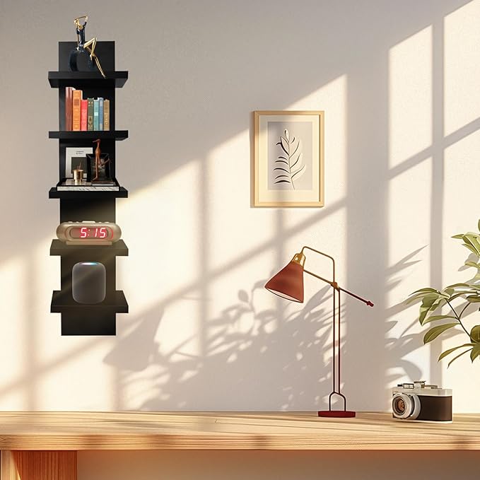 5 Tier Wall Shelf Unit, Decorative Wall Mount Vertical Shelving, Smooth Laminate Finish, Floating Storage Home Decor Organizer Tall Tower Design Utility Shelf for Bedroom Living Room (Black)