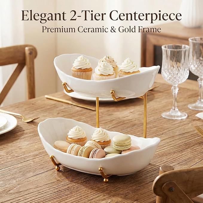 2-Tier Ceramic Fruit Basket, Decorative Tiered Stand for Kitchen Countertop, Fruit and Vegetable Storage Organizer, for Home Decor (White and Gold)