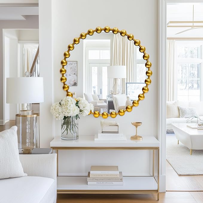 Round Gold Mirror 28'', Spherical Frame Round Mirror for Living Room, Beaded Mirror for Bathroom, Dining Roon, Bed Room, Entryway