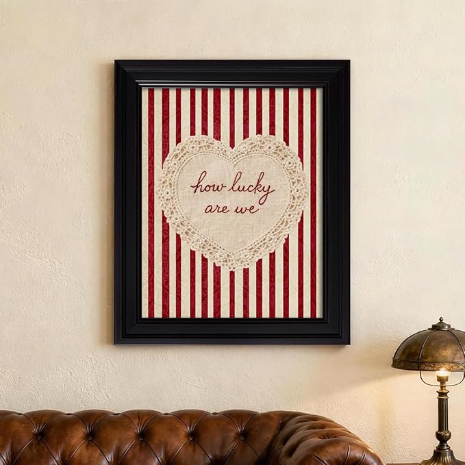 How Lucky Are We Wall Art Red Stripe Affirmation Quotes Poster Coquette Love Lace Heart Canvas Print Fashion Preppy Aesthetic Wall Decor Valentines Day Couple Gift 16X20 inch Vintage Framed