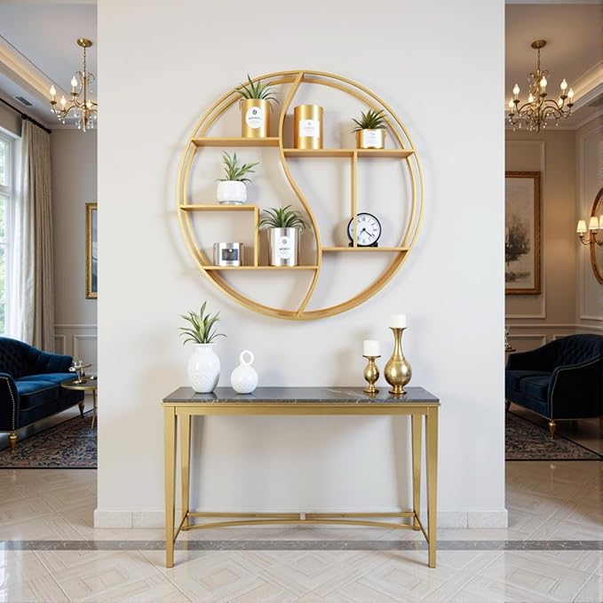 Round Wall Shelf,24 inch Metal Circle Shelf Wood Floating Shelves,Rustic Gold Wall Mounted Display Organizer Shelf for Fireplace,Living Room,Bathroom