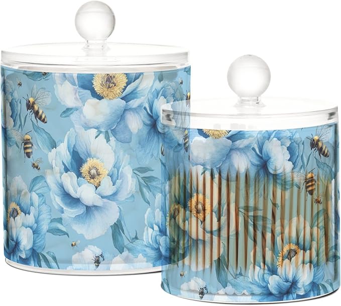 Unique Peonies Blue Clear Plastic Makeup Organizer Storage with lid Dresser Essentials Decorative Dental floss storage jar for Cotton Swabs,Cotton Pads,Floss Picks,Paper Clips,Hair Clips 2