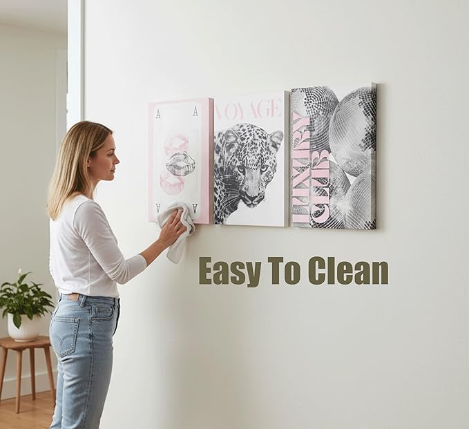 3pcs Pink Fashion Leopard Canvas Wall Art,Black and White Cheetah Pattern Printing Poster pictures,Funny Playing Card Lip Disco Ball wall decor for Girls' Room Living Room Bedroom 24x16in Framed