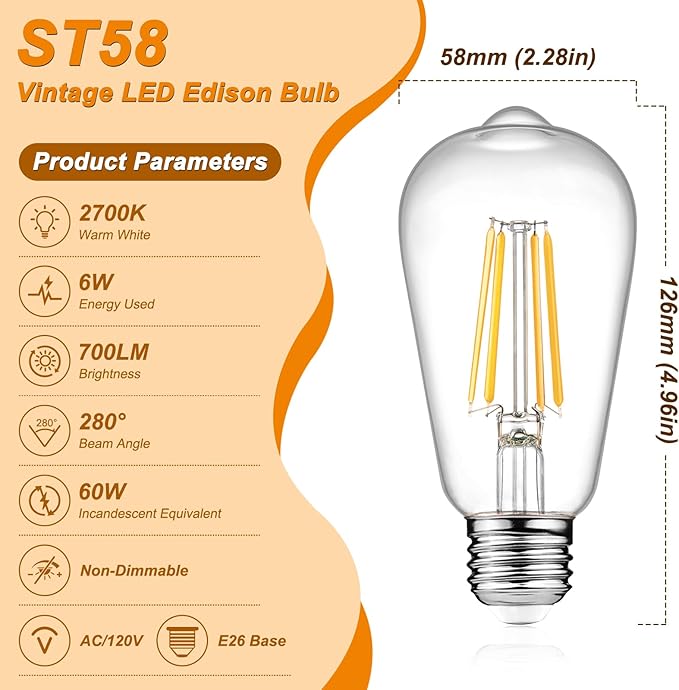 Ascher 12-Pack Vintage LED Edison Light Bulb 60W Equivalent, Decorative Antique Filament Light Bulbs with 80+ CRI, Warm White 2700K, 700 Lumens, E26 Base, Non-Dimmable