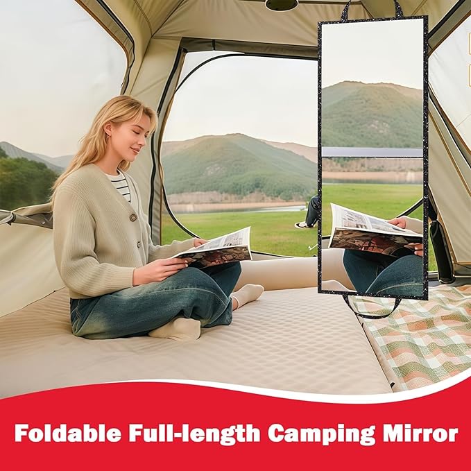 Foldable Full Length Mirror, Hanging Wall Mirror Portable Travel Mirror with Handle for Dance Home Bedroom Wardrobe Stage Makeup Checks Camping Outdoor Use (32.2" L x 12.5" W, Bi-Fold)