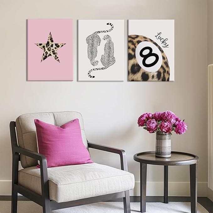 Hwetui Trendy Leopard Canvas Wall Art Set of 3 Funky Lucky 8 Ball Posters Prints Preppy Room Aesthetic Painting Cheetah Wall Decor Pictures for Girls Bedroom Apartment Dorm 16x24 Inch Framed