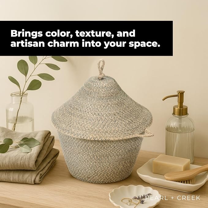 Olea Mushroom Container – Handmade 12" Woven Jute Decorative Storage Basket – Rustic Storage for Entryway, Bathroom, Kitchen, or Boho Cottagecore Decor - Seafoam