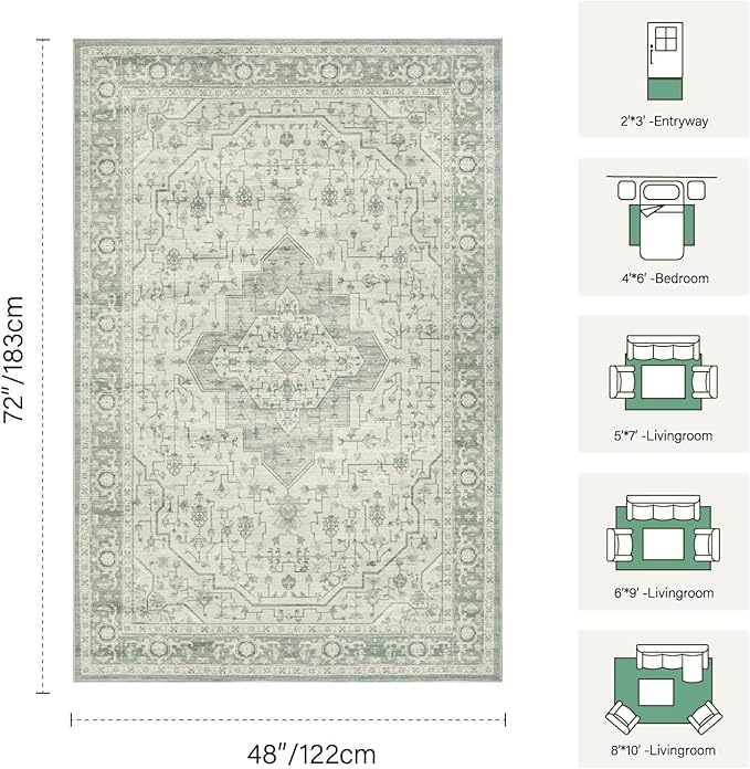 Rugxara Washable Area Rug for Living Room, Vintage Boho Rugs for Office, Dining Room, Kids Room, Farmhouse, Durable Low Pile Non Slip Carpet for High Traffic Areas, Sage Green(4x6 ft)