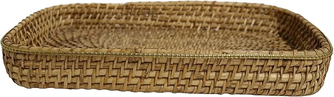 Home&Manor 15" Large Rectangular Brass Bordered Rattan Tray