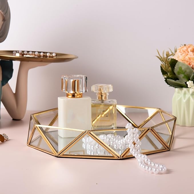 Feyarl Gold Glass Perfume Tray Mirror Vanity Jewelry Trinket Organizer Tray Ornate Cosmetic Makeup Display Decorative Coffee Table Tray for Wedding Home Decor Dresser Tabletop Countertop (9.5inch)
