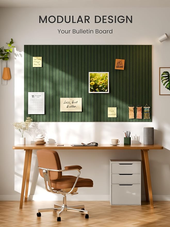 Bumusty Large Cork Board Alternative-36 x 24" Felt Bulletin Board Tiles, with 30 Pushpins, 40 Adhesive Tabs, Fine-Stripe 6-Pack, Cork Boards for Office Push Pin Board Felt Board-Moss Green