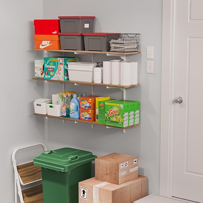 Wallniture Turin 48"x 10" Rustic Floating Wall Storage Shelf, Wall Book Shelves with Adjustable Metal White Brackets, Storage Shelving Unit, Garage, Pantry, Burnt