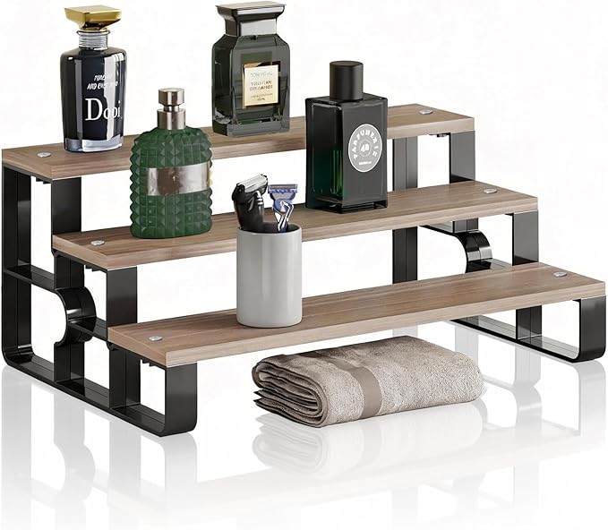3 Tier Cologne Organizer for Men,Perfume Stand for Dresser,Makeup Organizer for Vanity,Display Riser Stand,Wooden Bathroom Countertop Stand for Bedroom,Dressing(Walnut,Width=11.2")