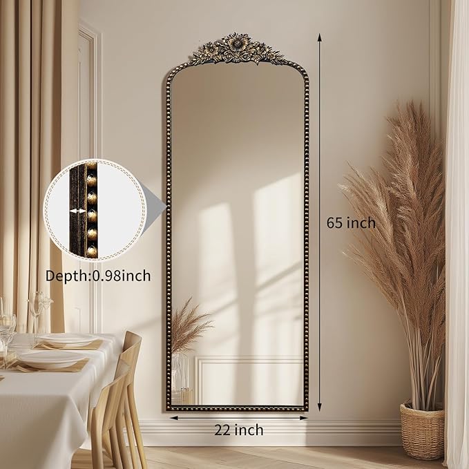 Full-Length Baroque Style Vintage Mirror, 65"L x 22"W, Wall-Mounted, Antique Black Iron Frame, Thick 4MM Glass, Explosion-Proof, Living Room, Bedroom, Entryway