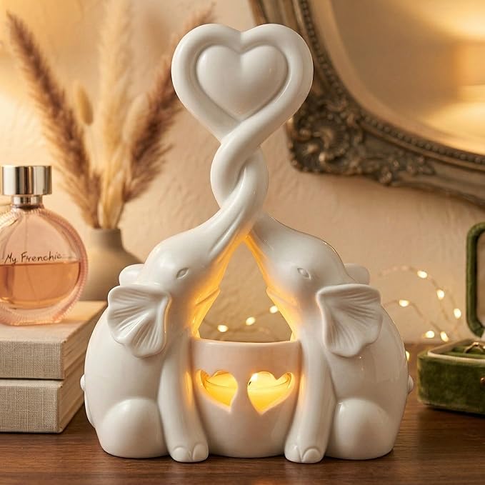 Elephant Love Candle Holder Statue - Elegant Gift Home Decor for Women Living Room or Bedroom - Flickering LED Candle Included - Ivory 14th Anniversary, Couples, Parents Valentine's Present