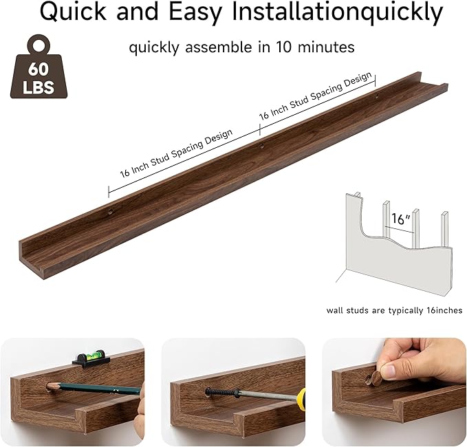Fun Memories Picture Ledge Shelf, 40 Inch Floating Shelves Set of 2, Large Nursery Book Shelves for Toys Storage, Kids Bookshelf Wall Mounted for Wall Decor Books Photo Frames, Walnut