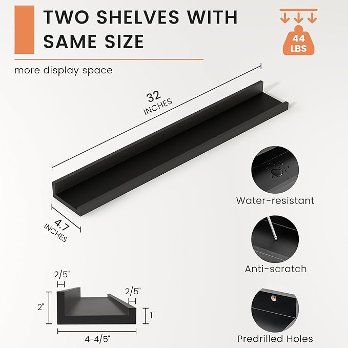 FLYJOE Picture Ledge Shelf, Floating Shelves Set of 2, 32 Inches Nursery Book Shelves for Toys Storage, Kids Bookshelf Wall Mounted for Living Room Bedroom Decor Books Photo Frames, Black