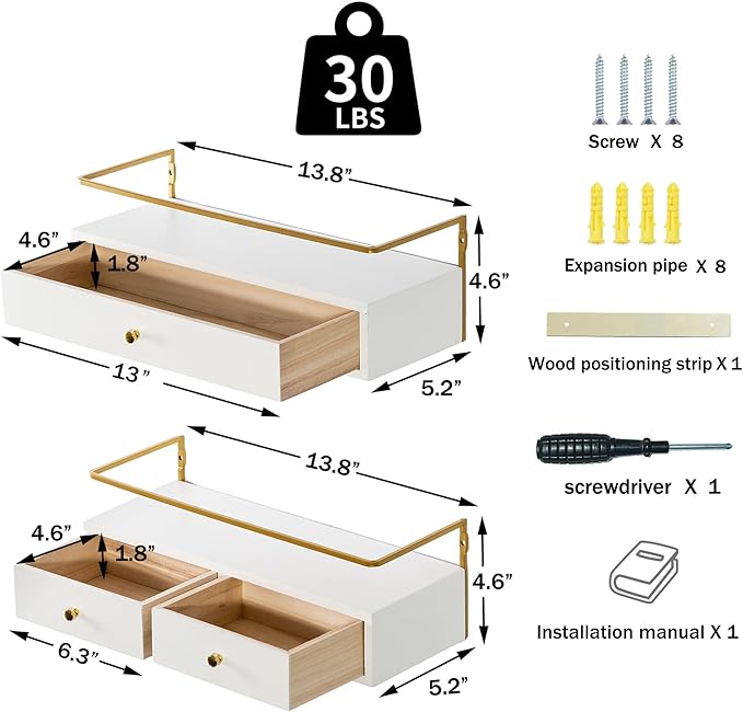 Dreampossible Floating Shelves With Drawers Set of 2, Wall Mounted Bathroom Storage, Rustic Wood Shelves for Bedroom, Living Room, Kitchen, Home Decor, Plants, Books (White)