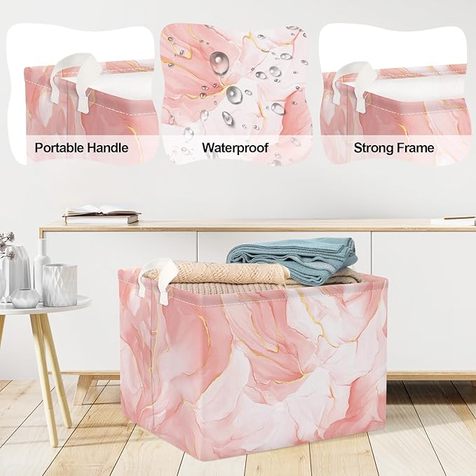 Clastyle Large Marble Baby Girl Gift Storage Basket Collapsible Kid Clothes Book Shelf Basket Toy Nursery Bin, Pink, 40 * 30 * 30 cm