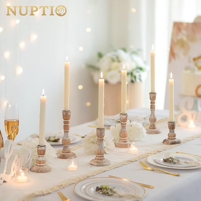 NUPTIO Rustic Candlestick Holders for Decor: Set of 6 Wood Taper Candles Holder - Vintage Candle Stick Tapered Holders for Fall Christmas Party Holiday Home Table Centerpiece