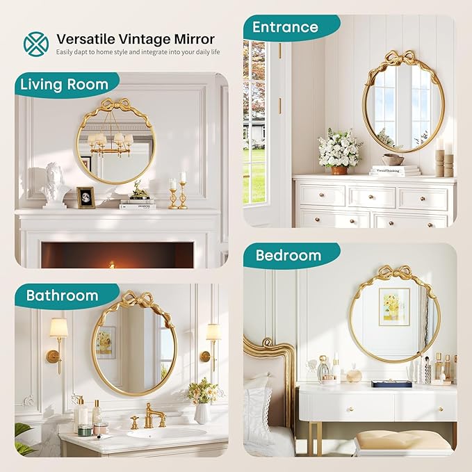 Round Gold Wall Mirror - 21"x21" Baroque Vintage Ornate Mirrors of Wall, Antique Gold Bow Mirror Circle with Metal Frame for Living Room, Bedroom, Nursery, Bathroom, Entryway, Hallway