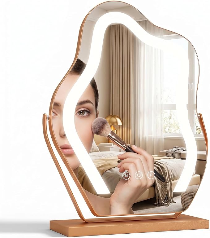 Makeup Mirror with Lights -17″ Cloud Shaped Smart Touch 3-Color Dimmable 360° Rotation Memory Metal Frame Plug-in AC Power Tabletop Vanity Mirror Gift for Women Teen Girls Gold
