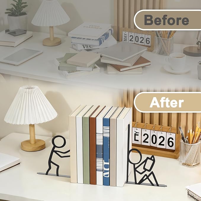 Decorative Book Ends for Shelves,Cute Kids Metal Decor Black Aesthetic Bookshelf Accessories Non-Skid Book Stopper,Office Desk Organizer for Home Library Study Room Decor