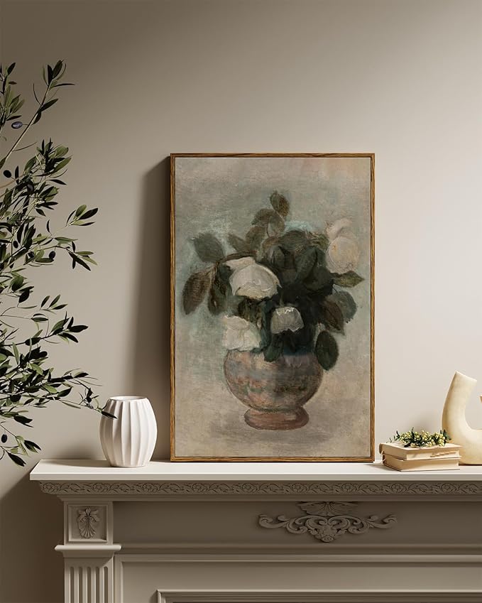 InSimSea Framed Canvas Prints Art Vintage Decor, Large Flowers in Vase Paintings Wall Art, Floral Pictures Home Decor for Bedroom Bathroom, Kitchen Office Living Room Wall Decoration, 16"x24"