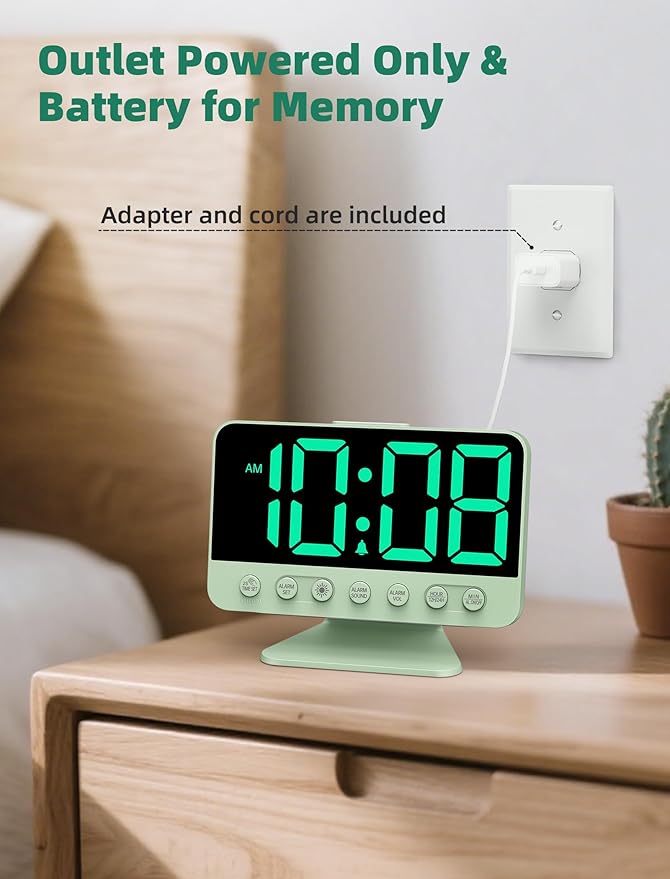 Odokee Digital Alarm Clocks for Bedrooms: Large Bold Number 5 Brightness Dimmer - Easy to Read Across The Room - 5 Alarm Sound 8 Night Light - Sage Green