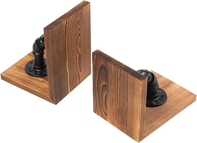 Rustic Decorative Wooden Tabletop Farmhouse Bookends for Heavy Books with Modern Industrial-Style Pipe Office Desktop Bookshelf Organizers Stoppers Holder Nonskid Shelf Decor 1-Pair (Brown)