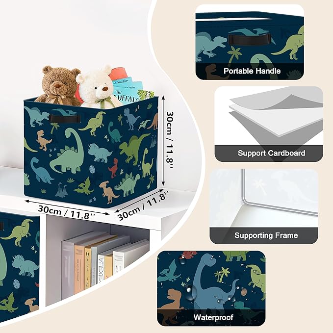 Clastyle 3 Pack 11.8'' Fabric Dinosaur Storage Basket for Shelves Collapsible Closet Organizers with Metal Frame Bottom Board Large Kid Clothes Toy Book Cube Bin for Playroom Bedroom,Watercolor