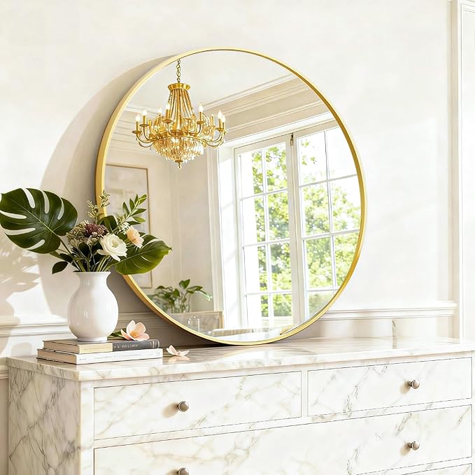 Round Wall Mirror 20 Inch Gold Vanity Mirror with Metal Frame, Modern Circle for Bathroom, Entryway, Bedroom, Living Room, Wall Mounted Decorative Mirrors