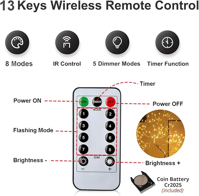 PXBNIUYA 108 LED Sparkly Fairy Tree Lamp, Warm White, Remote Control, USB/Battery, 8 Modes, DIY Bonsai Decor, Festival Decoration Light
