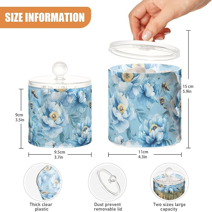 Unique Peonies Blue Clear Plastic Makeup Organizer Storage with lid Dresser Essentials Decorative Dental floss storage jar for Cotton Swabs,Cotton Pads,Floss Picks,Paper Clips,Hair Clips 2