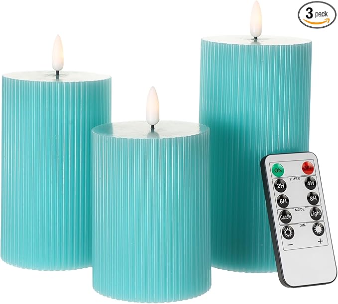 ANGELLOONG Teal Flameless Candles with Remote, Turquoise Battery Operated Candles with Timer, Set of 3 Real Wax Spring LED Fake Ribbed Pillar Candles for Bathroom Wedding Kitchen Living Room Deocr