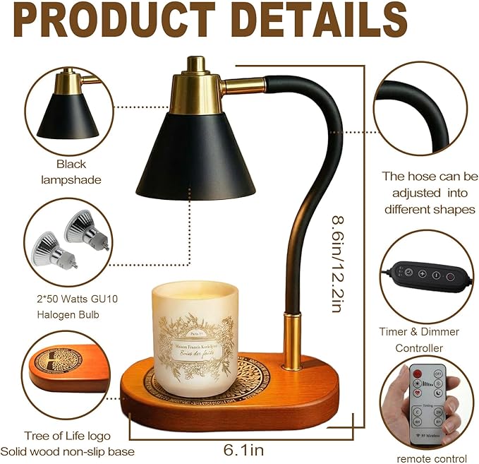 Candle Warmer Lamp with Timer and Wireless Remote Control, Gifts for Women, House Warming Gifts New Home Decor, Adjusting different shapes Adjustable Candle Light, for Jar Candles with 2 * 50W Bulbs