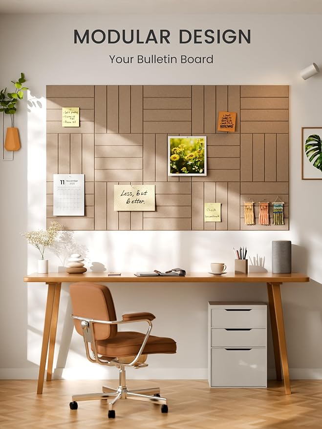 Bumusty Large Cork Board Alternative-36 x 24" Felt Bulletin Board Tiles, with 30 Pushpins, 40 Adhesive Tabs, Bold-Stripe 6-Pack, Cork Boards for Office Push Pin Board Felt Board-Taupe