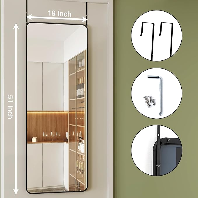 Protylctaster 19"x51"Over Door Mirrors, Hanging Mirror Over Doors,Back of Door Mirror Full Length,Full Body Mirrors for wall(Black)
