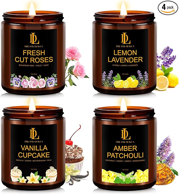 4 Pack Candles for Home Scented, 28 oz Soy Aromatherapy Candle Set, Candle Gifts for Women Men, Scents of Fresh Cut Roses/Lemon Lavender/Vanilla Cupcake/Amber Patchouli