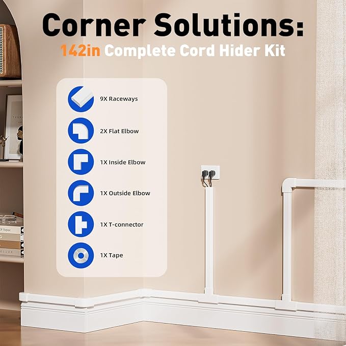 Delamu Cord Hider, 142in Cable Hider, Cord Covers for 2-3 Wires on Wall, Wire Covers for Cords, Wire Hiders for TV on Wall, Easier Setup Cable Cover Cable Management, W0.94 H0.47in, White