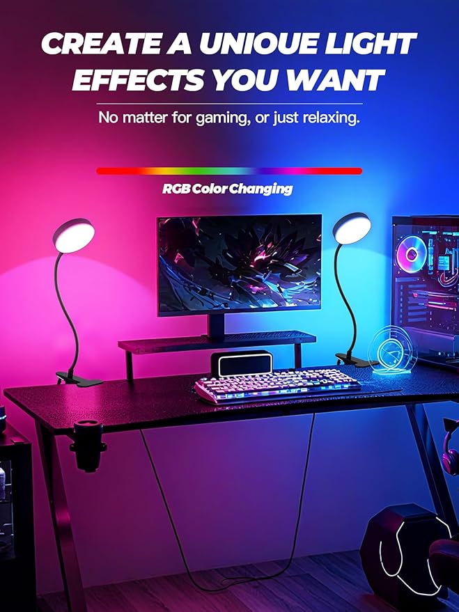 Clip on Light,10 Color RGB&Warm White Clip on Lamp + 10 Brightness Dimmable Desk Lamp, 500LM Bright Reading Light, Night Lamp, USB Adapter Desk Light for Bed/Headboard/Bedside