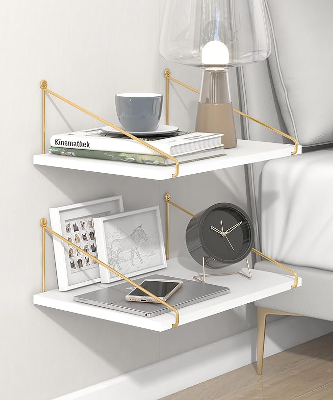 Afuly 12 Inch Deep Floating Shelves for Wall, Gold White Wall Mounted Shelves, Hanging Storage Shelves for Bathroom Kitchen Bedroom, Solid Wood Chic Bookshelves, Set of 2