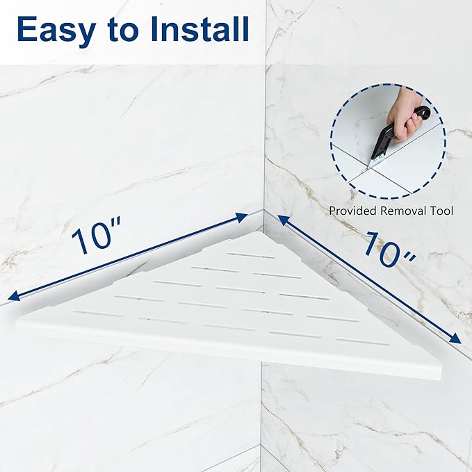 Qeke Corner Shower Shelves, 10” Recessed Tile Shower Shelf, 304 Stainless Steel Grout in Corner Tile Shower Shelves, No Drilling, Matte White, 2 Pack
