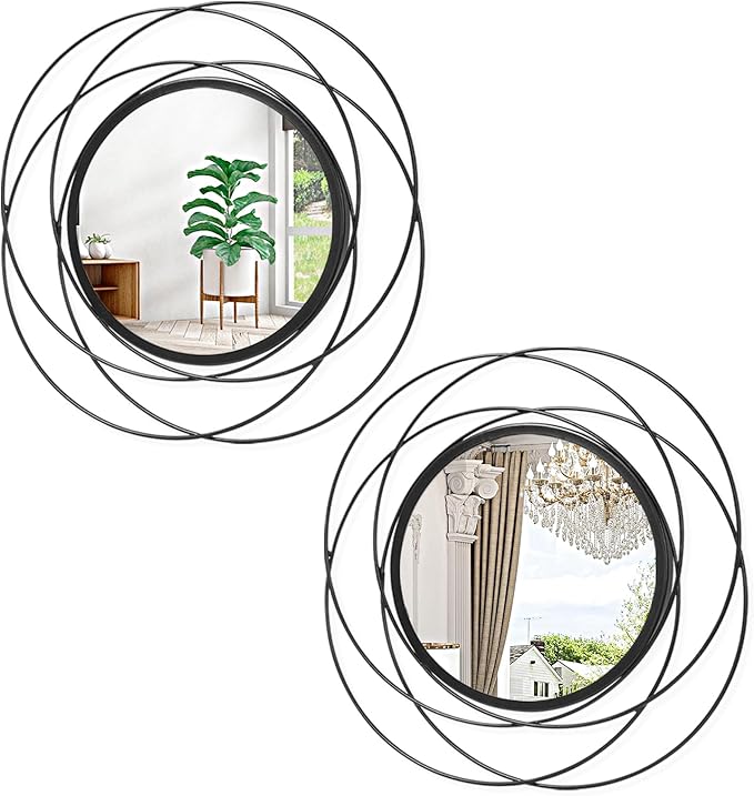 2 Set 12'' Black Circle Mirrors Wall Decor Iron Frame Wall Art Round Mirror Home Decor Hanging for Living Room Bedroom Bathroom Entryway
